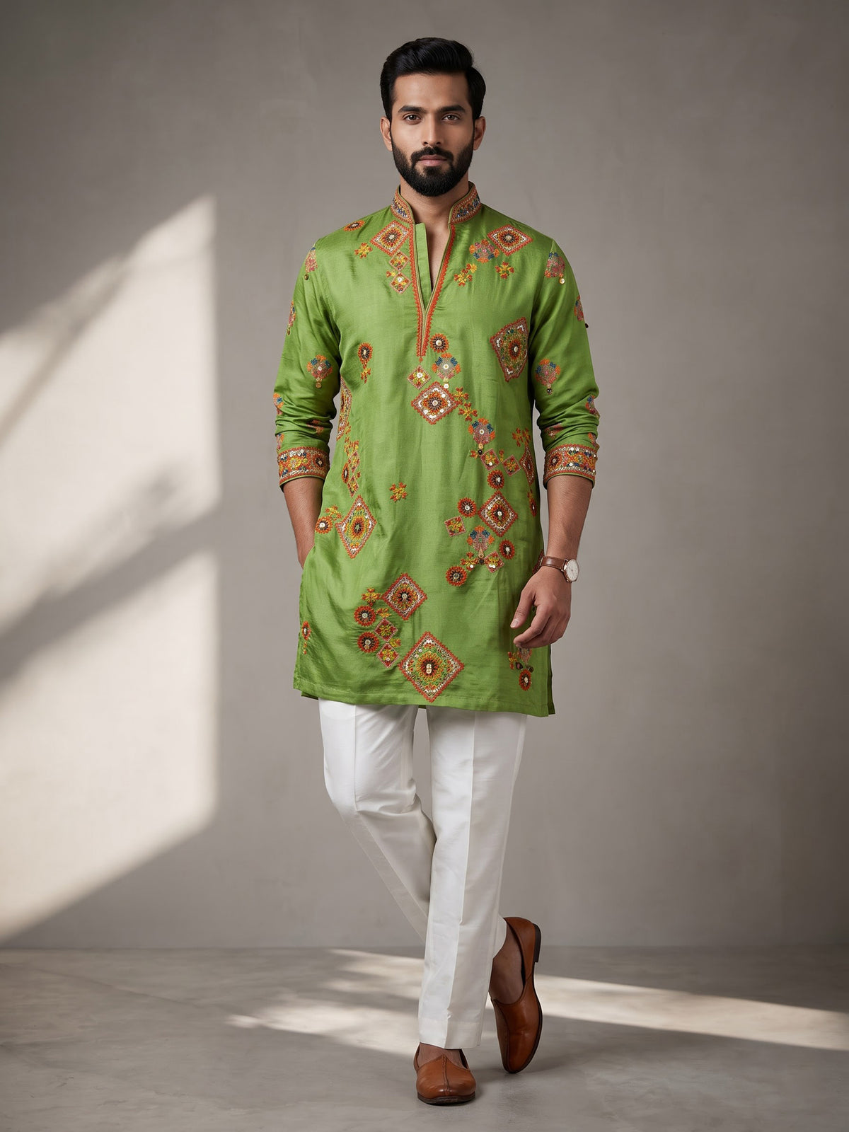 Parrot green kutchi  folk raw silk men kurta suit