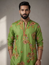 Parrot green kutchi  folk raw silk men kurta suit