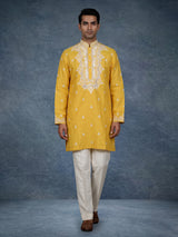 Yellow ivory botanical cotton linen men kurta suit