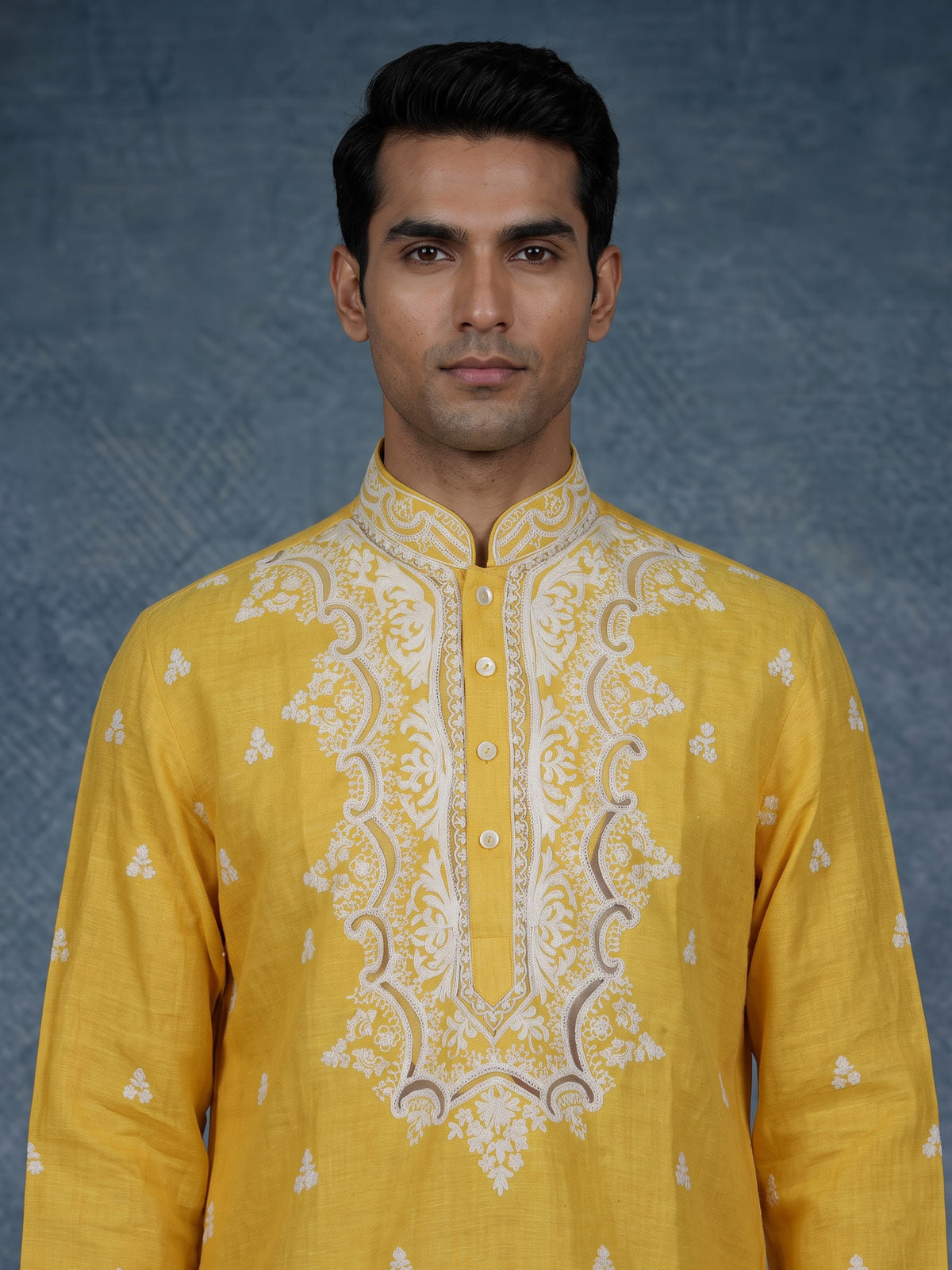Yellow ivory botanical cotton linen men kurta suit