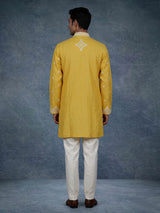 Yellow ivory botanical cotton linen men kurta suit