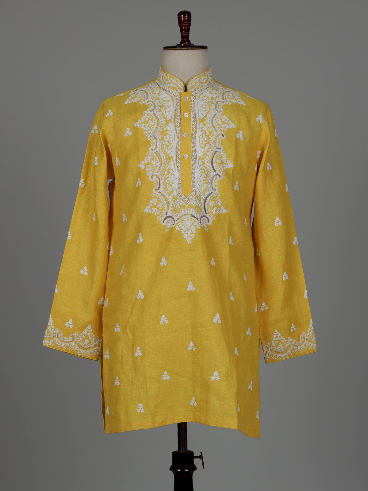 Yellow ivory botanical cotton linen men kurta suit