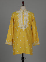 Yellow ivory botanical cotton linen men kurta suit