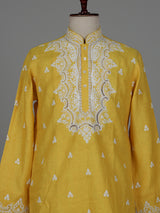 Yellow ivory botanical cotton linen men kurta suit