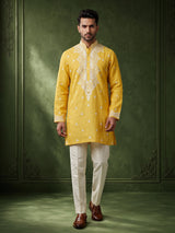 Yellow chikankari cotton linen men kurta suit