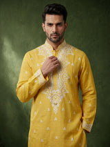 Yellow chikankari cotton linen men kurta suit