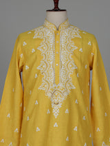 Yellow chikankari cotton linen men kurta suit