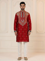 Crimson red chevron embroidered raw silk men kurta suit