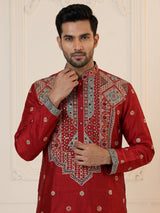 Crimson red chevron embroidered raw silk men kurta suit