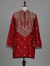 Crimson red chevron embroidered raw silk men kurta suit