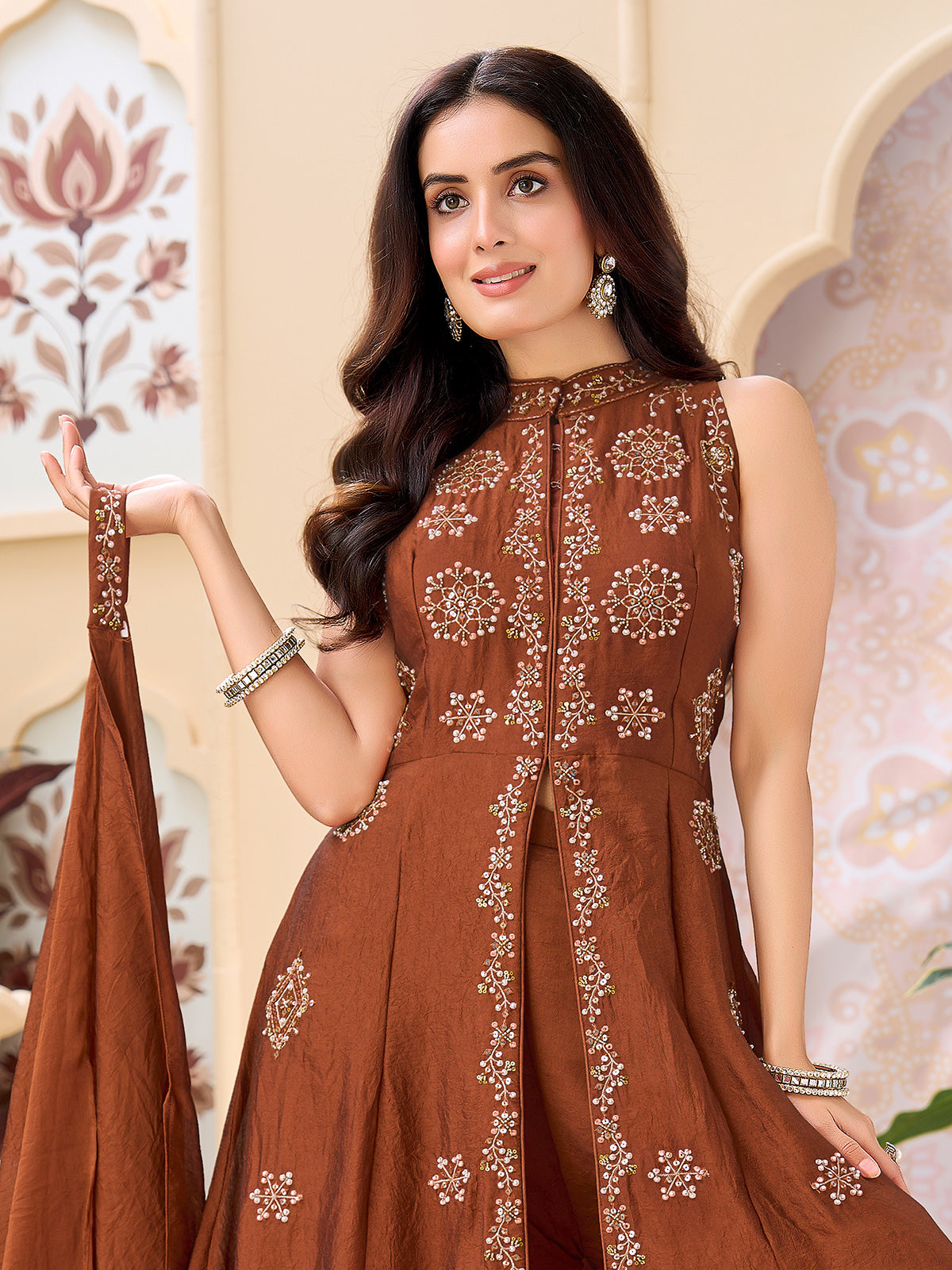 Rust brown silk anarkali suit with cutdana bead embellishments