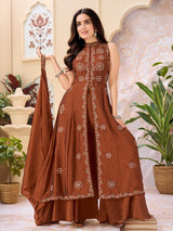 Rust brown silk anarkali suit with cutdana bead embellishments