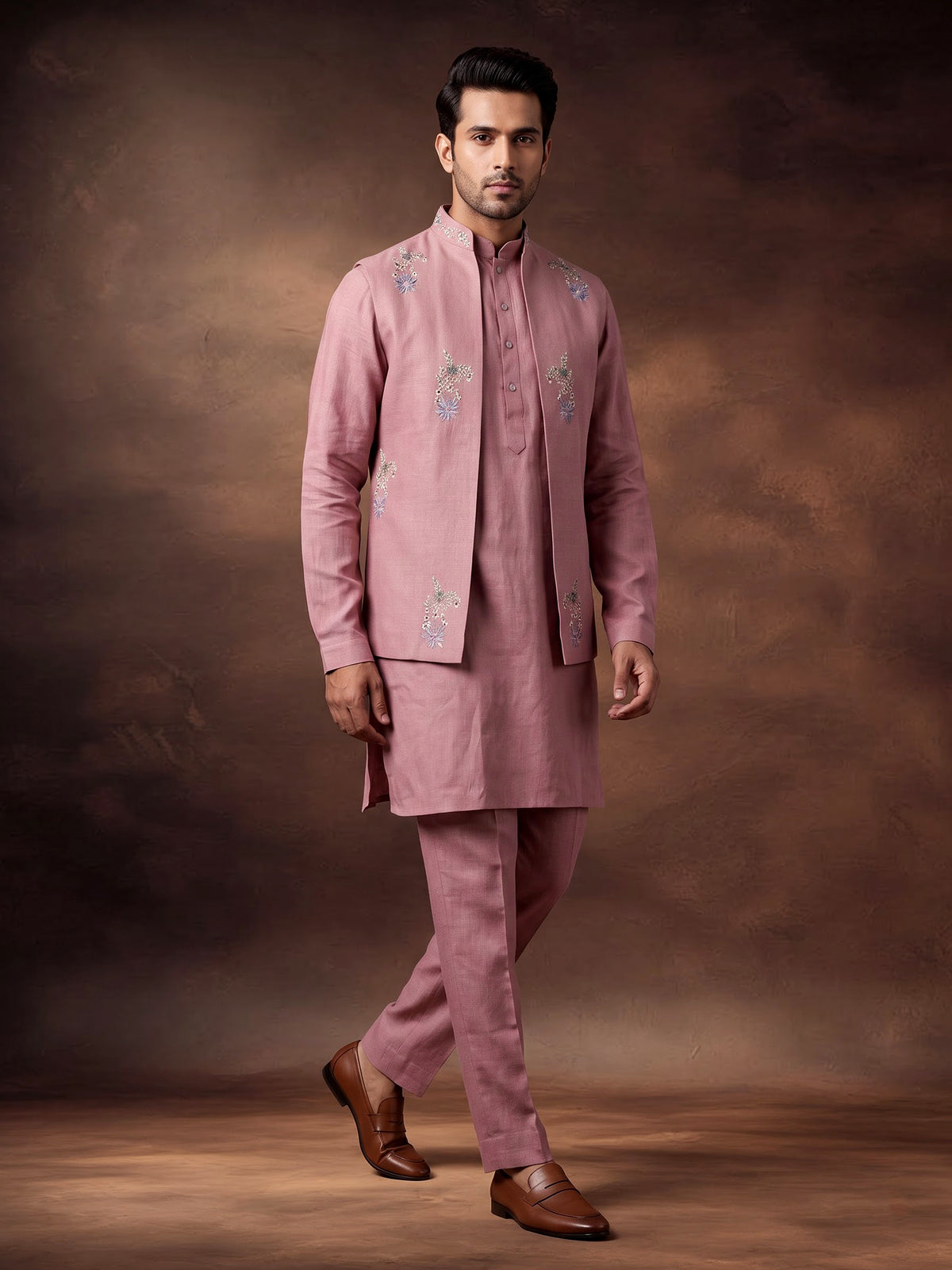 Onion pink cotton silk mens waistcoat set with floral pearl work