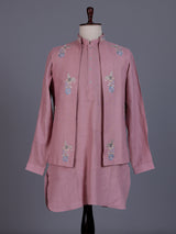 Onion pink cotton silk mens waistcoat set with floral pearl work