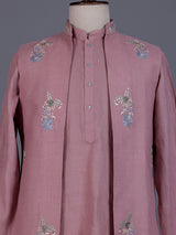 Onion pink cotton silk mens waistcoat set with floral pearl work