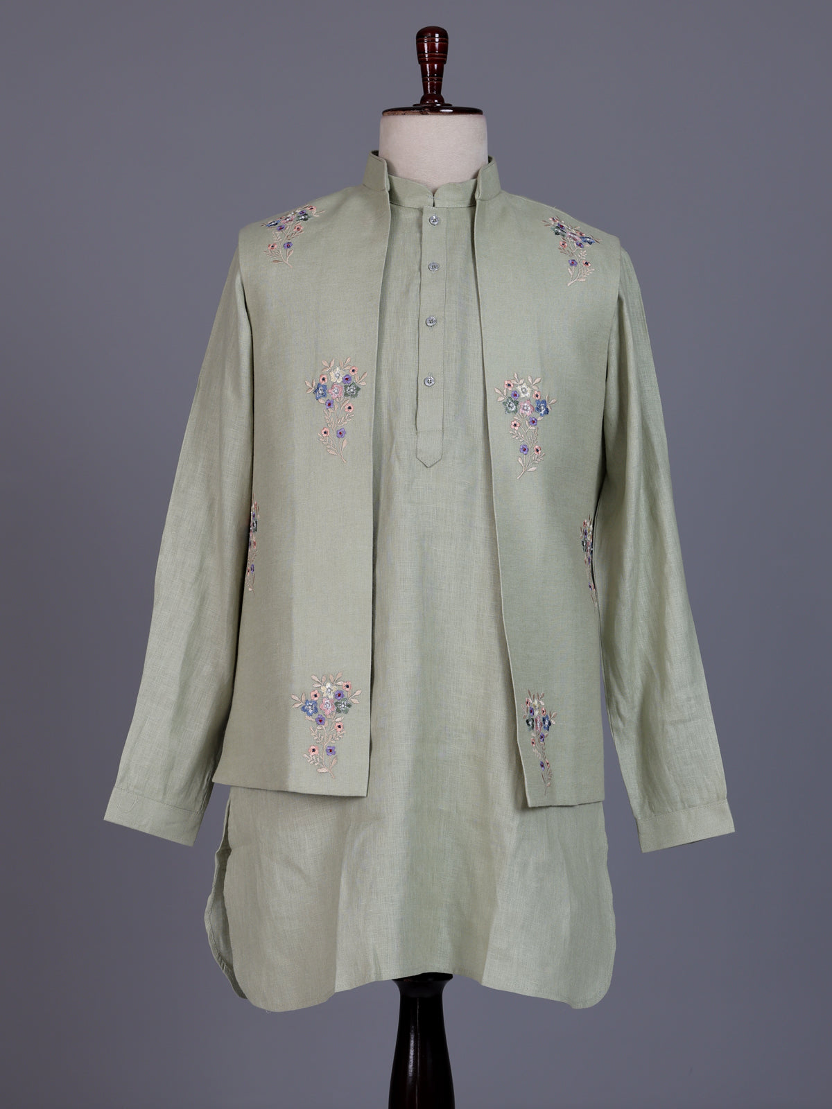 Pista green cotton silk mens waistcoat set with pearl embroidery