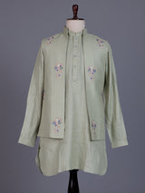 Pista green cotton silk mens waistcoat set with pearl embroidery