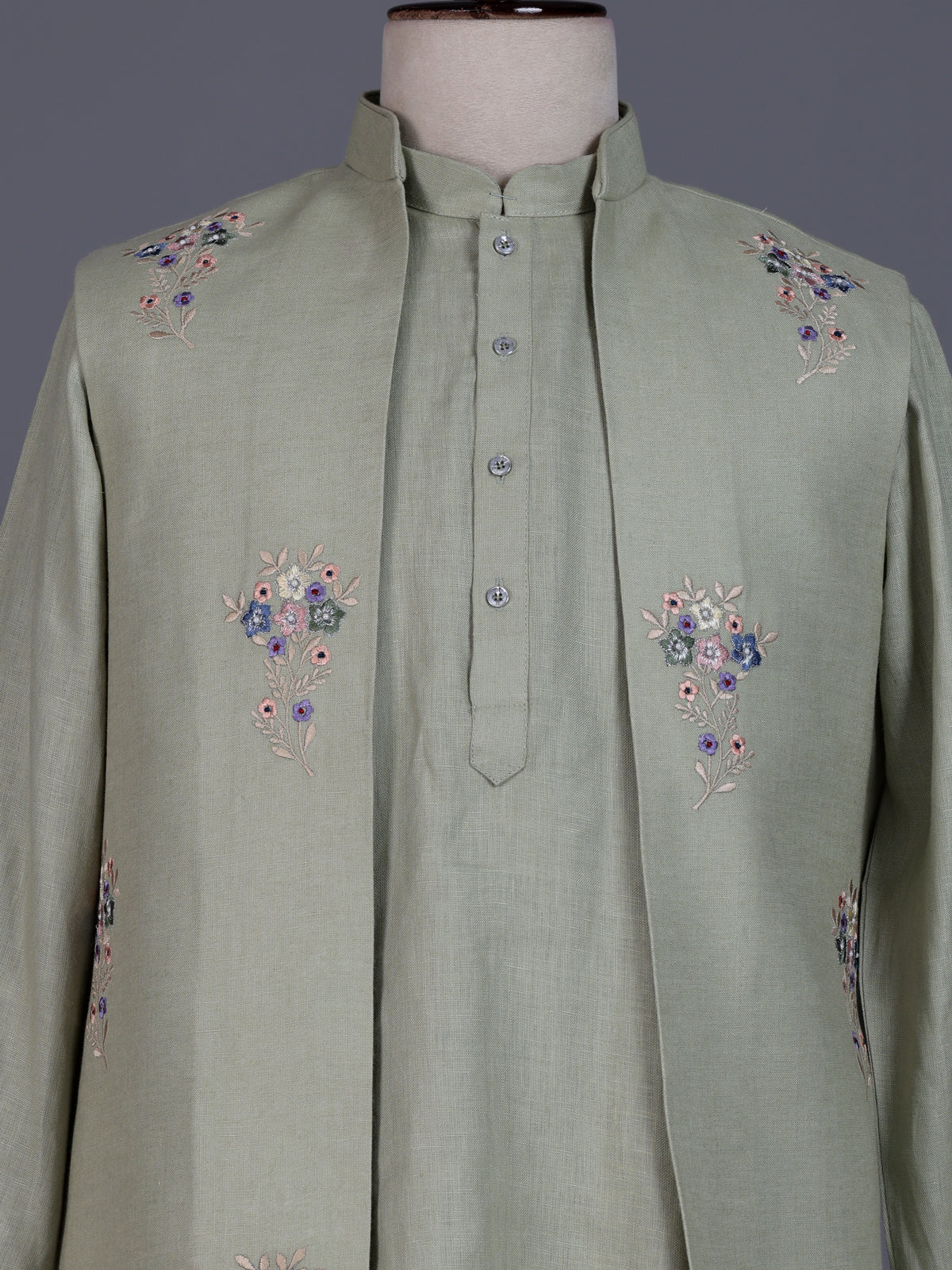 Pista green cotton silk mens waistcoat set with pearl embroidery