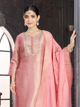 Pastel pink brocade silk salwar suit with mirror work yoke