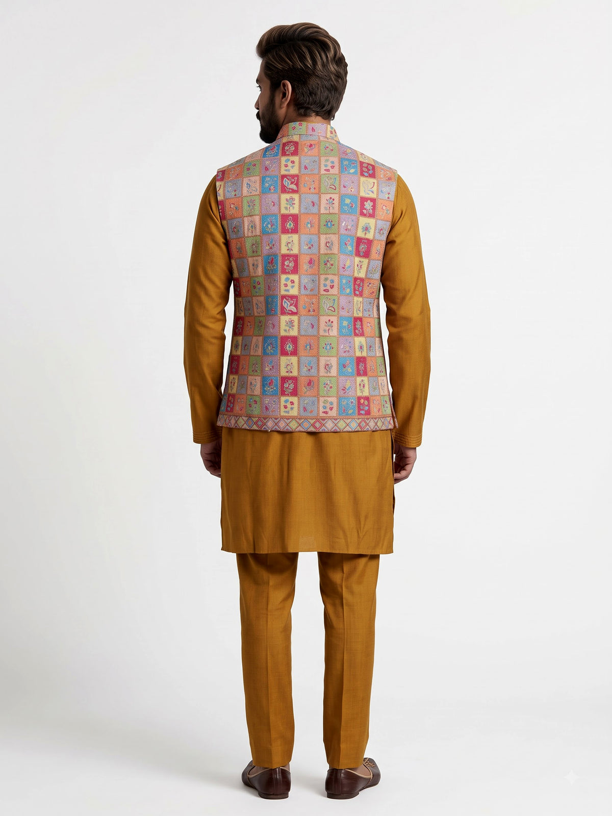 Rust orange silk mens waistcoat set with folk motif embellishments