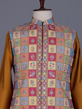 Rust orange silk mens waistcoat set with folk motif embellishments