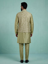 Pista green silk mens waistcoat set with floral sequin detailing