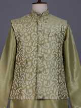 Pista green silk mens waistcoat set with floral sequin detailing