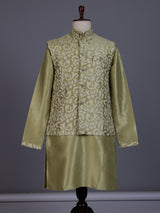 Pista green silk mens waistcoat set with floral sequin detailing