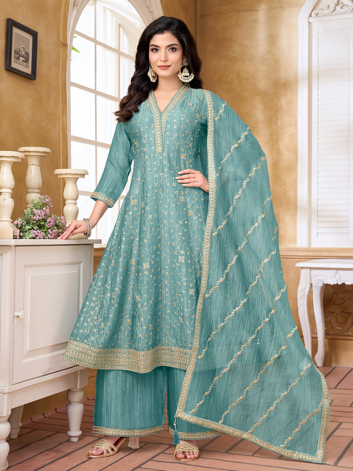 Light blue chiffon tissue anarkali suit with sequins work