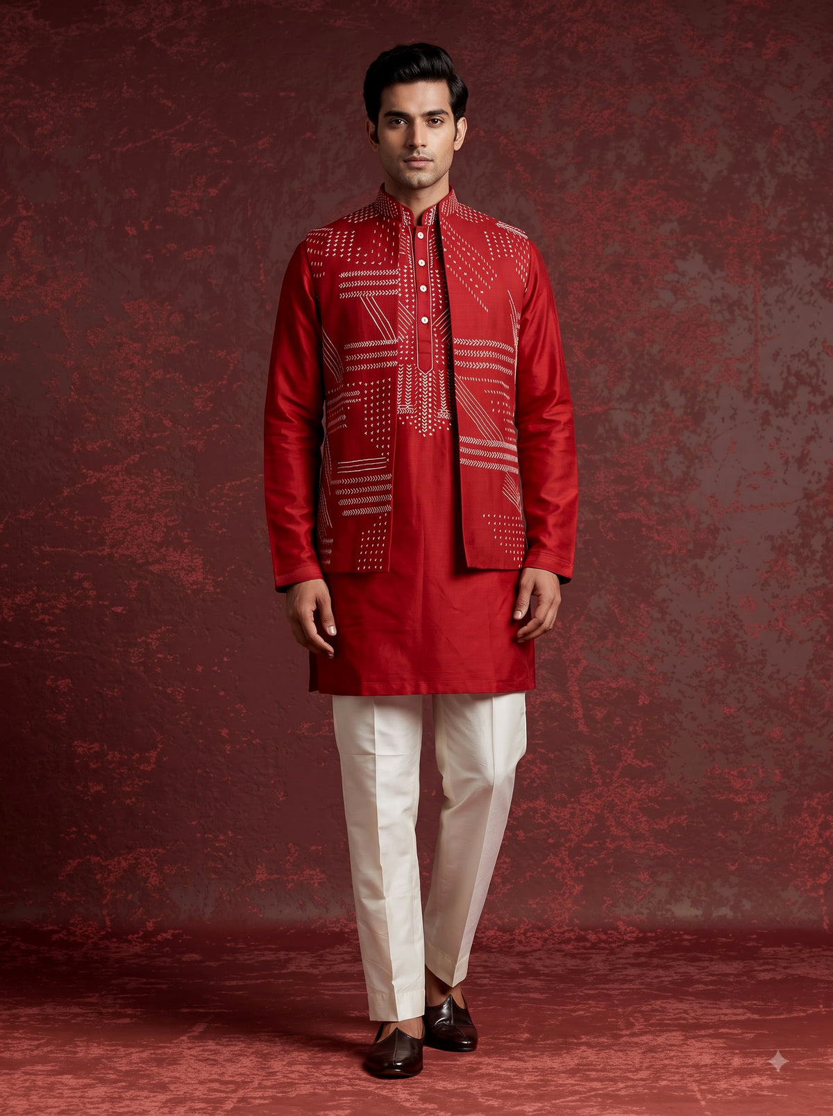 Dark red nehru jacket cotton linen men waistcoat set