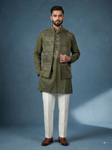 Olive green geometric Nehru jacket cotton linen men waistcoat set