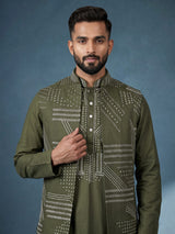 Olive green geometric Nehru jacket cotton linen men waistcoat set