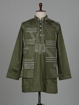 Olive green geometric Nehru jacket cotton linen men waistcoat set