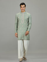 Pista green floral zardosi linen men kurta suit