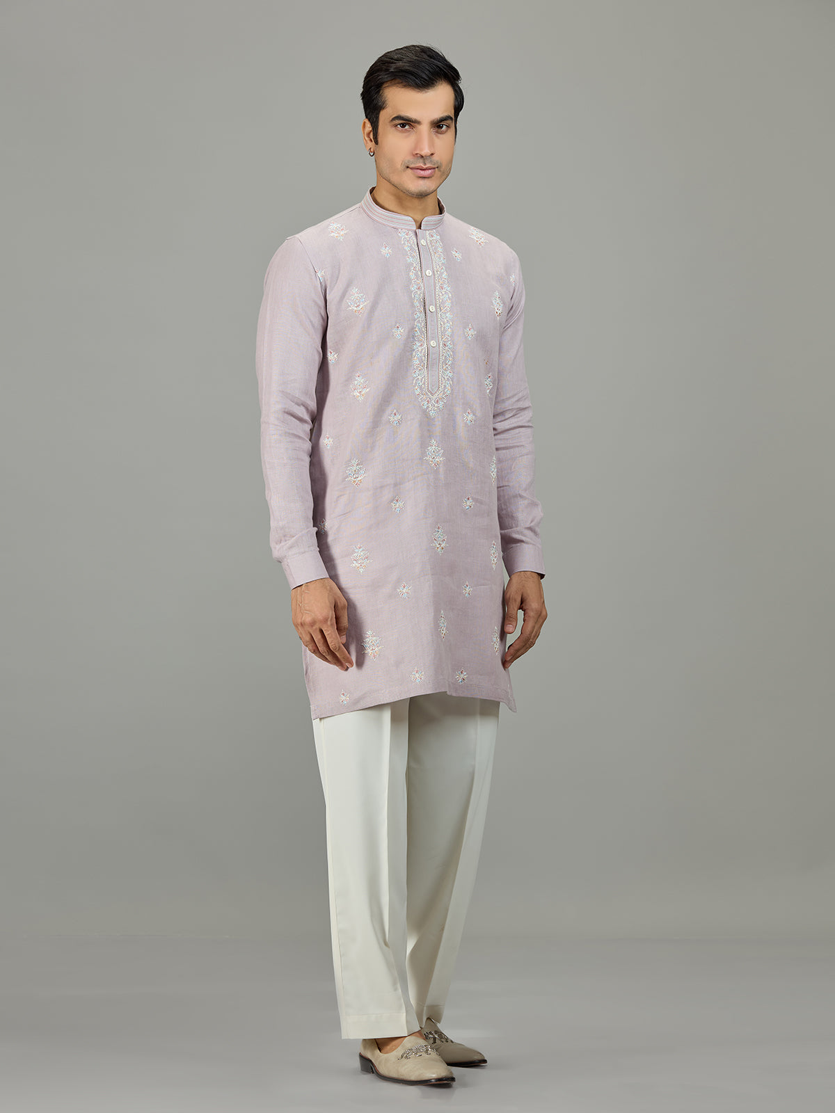 Lilac purple zardosi linen men kurta suit