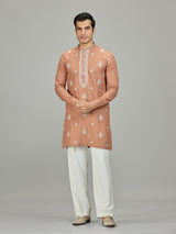 Rust peach royal botanical linen men kurta suit