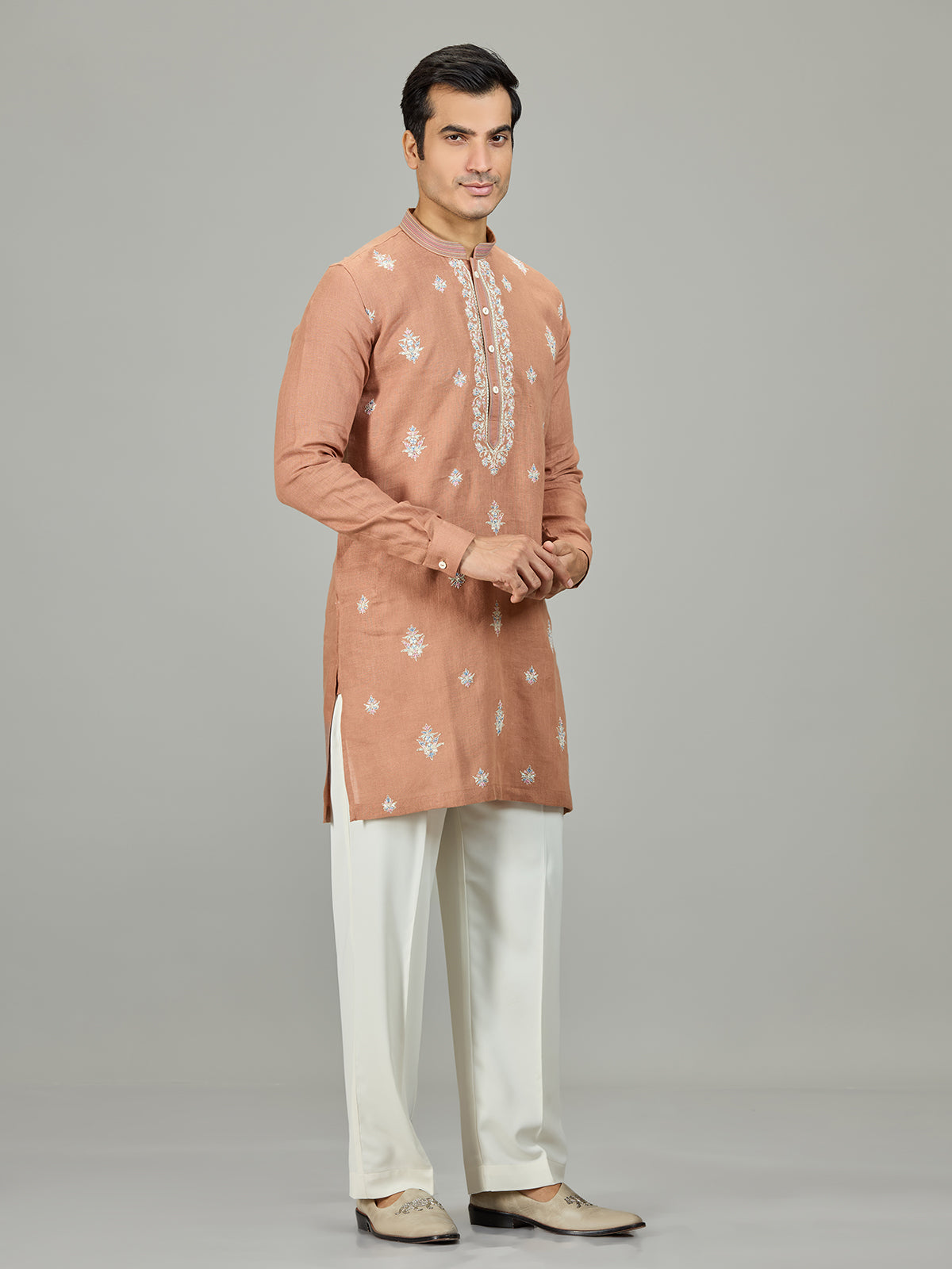 Rust peach royal botanical linen men kurta suit