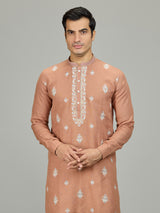 Rust peach royal botanical linen men kurta suit