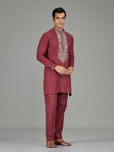 Maroon floral tapestry linen men kurta suit