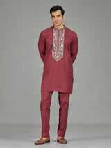 Maroon floral tapestry linen men kurta suit