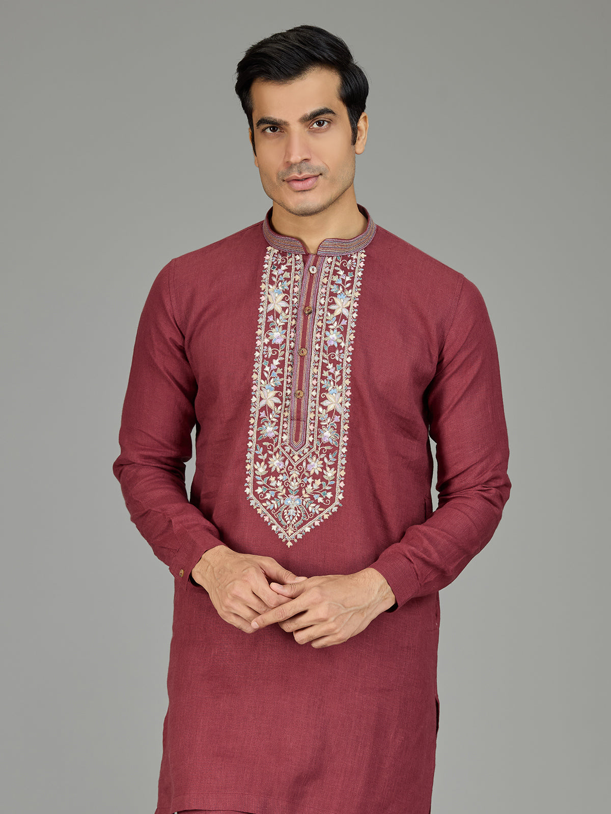 Maroon floral tapestry linen men kurta suit