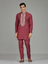 Maroon floral tapestry linen men kurta suit