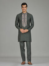 Green floral panel premium linen men kurta suit