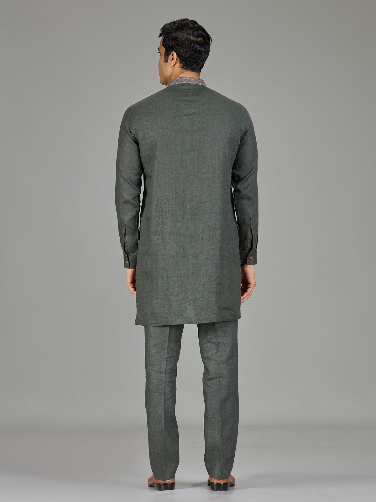 Green floral panel premium linen men kurta suit