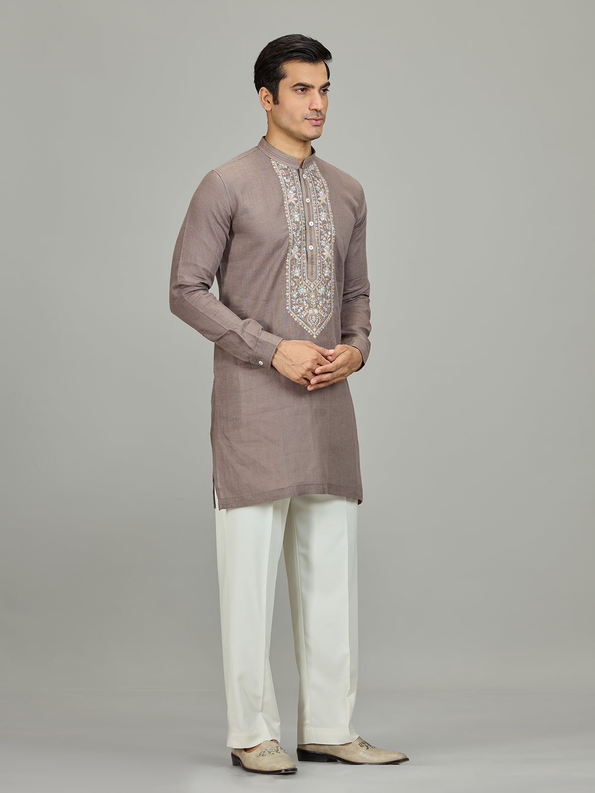 Grey botanical embroidered linen men kurta suit