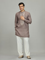 Grey botanical embroidered linen men kurta suit
