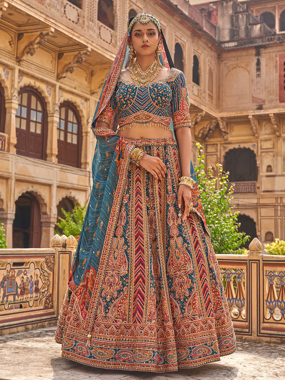 Teal blue mughal arch women bridal lehenga choli