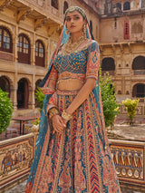 Teal blue mughal arch women bridal lehenga choli