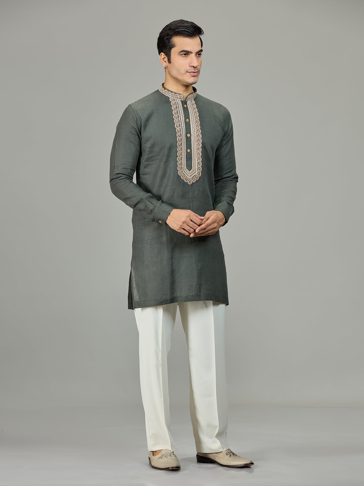Olive green leafy embroidery linen men kurta suit