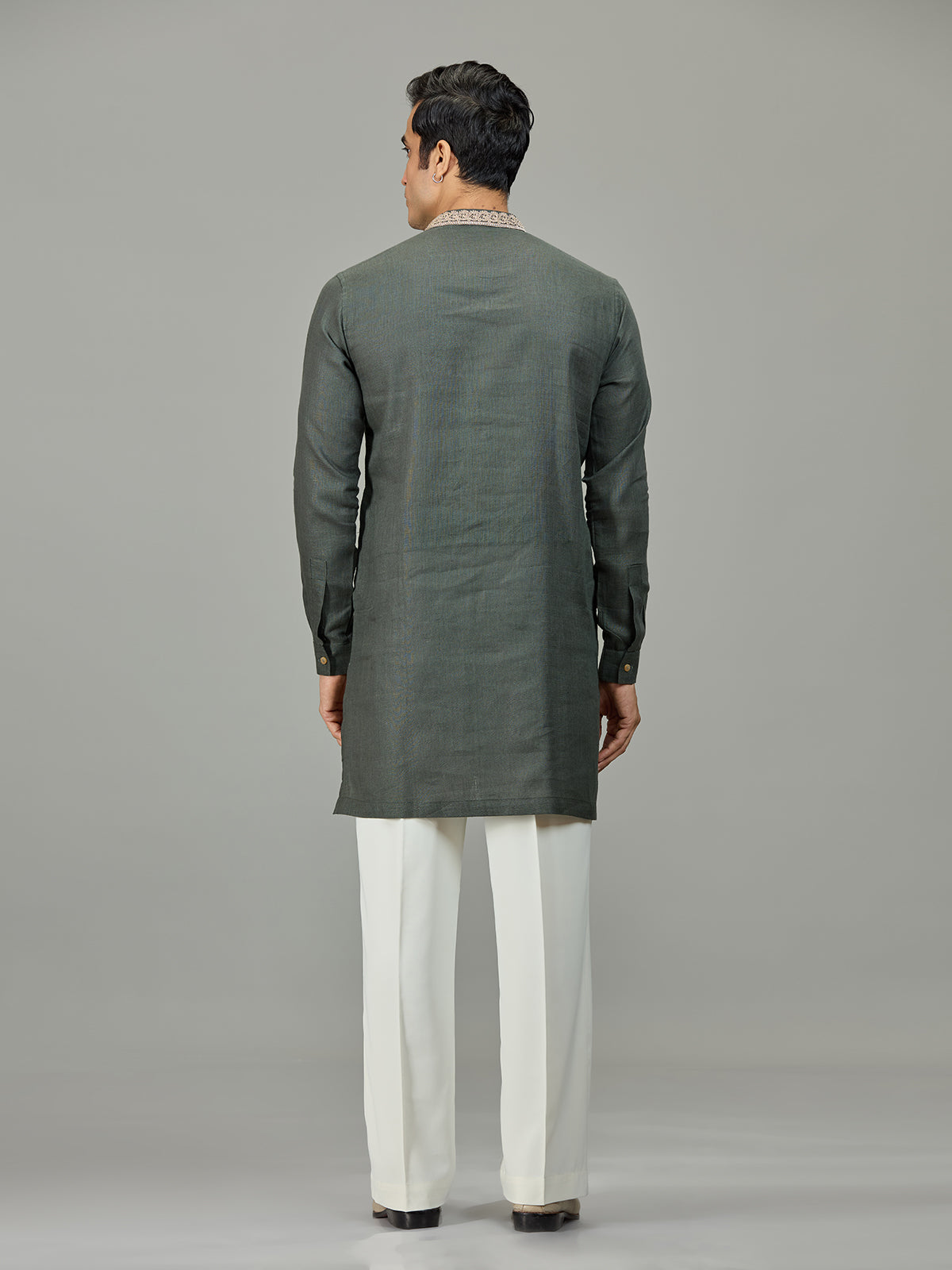 Olive green leafy embroidery linen men kurta suit